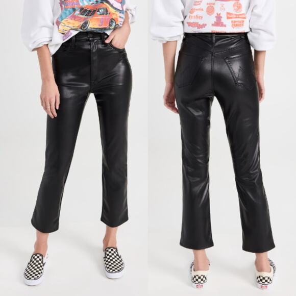 MOTHER | High Waisted Rider Ankle Black Faux Leather Jeans Wax On Wax Off 24 - Picture 4 of 16